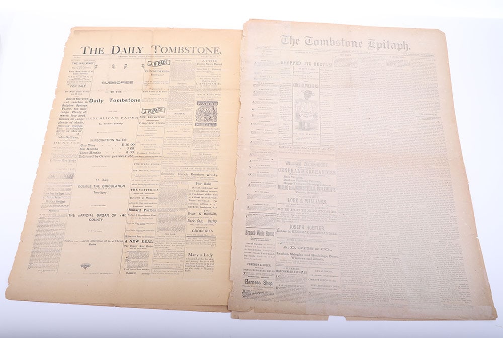 Large lot of Tombstone Arizona newspapers 1880’s: Large lot of Tombstone Arizona newspapers 1880’s. Large format and generally poor condition. Given to John Flood by Sadie Earp