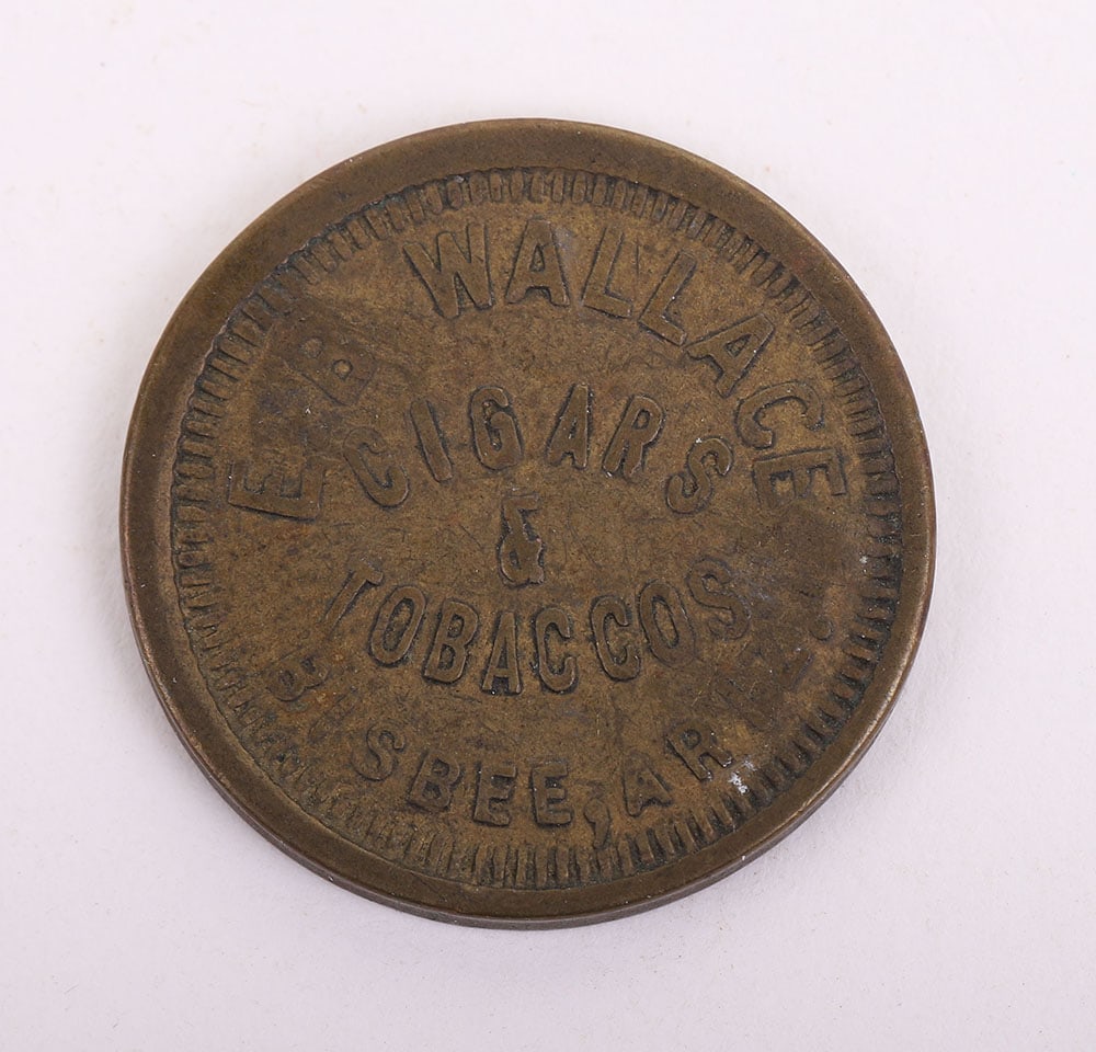Trade token for Wallace’s cigars and tobaccos: Trade token for Wallace’s cigars and tobaccos, Bisbee Arizona good for 12 ½ cents in trade. Over stamped E-W. Good to very good condition.