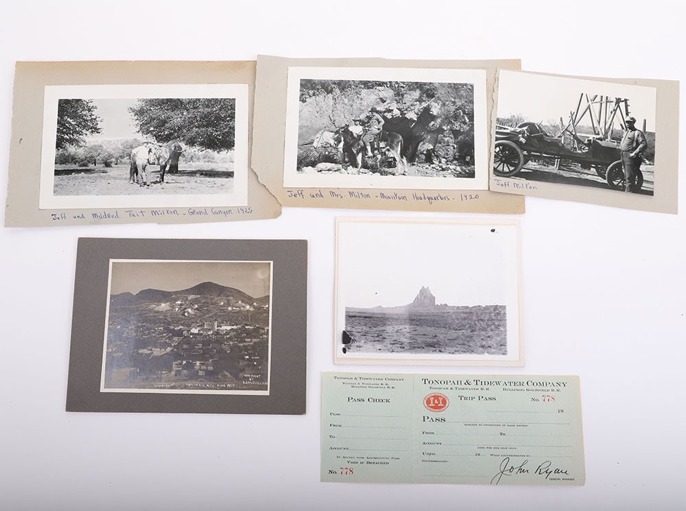 Lot of western ephemera including early photo of Tonopah Nevada by RJ McClelland: Lot of western ephemera including early photo of Tonopah Nevada by RJ McClelland. Mid Century images of Arizona and an early trip pass.