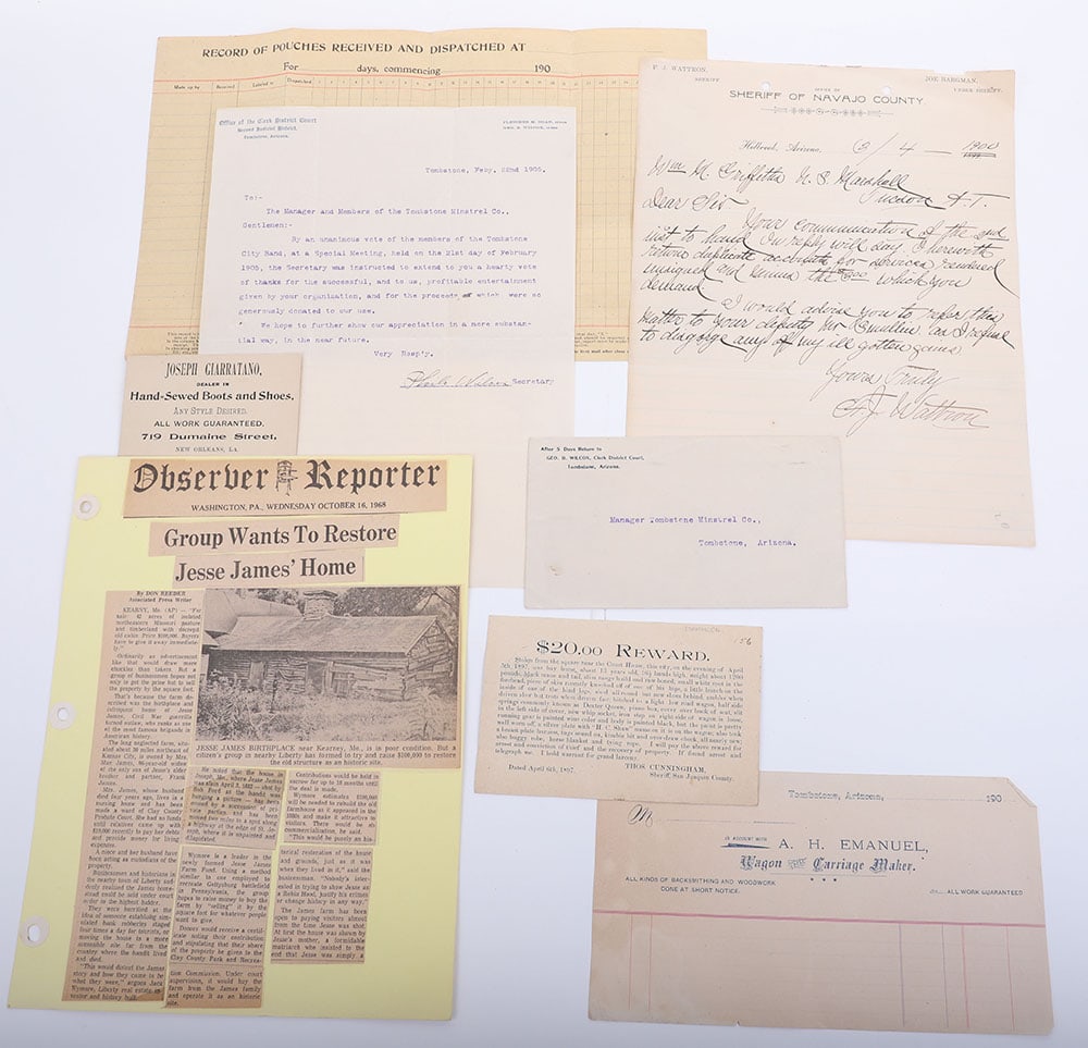Miscellaneous lot of western ephemera: Miscellaneous lot of western ephemera including the Sheriff of Navajo County F.J. Wattron, letter from the Tombstone Arizona Minstrel Company dated 1905 and various trade cards. And a blank record of 