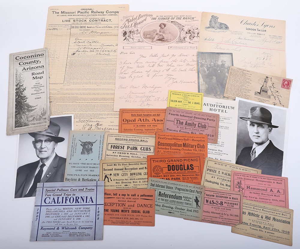 Large lot of western ephemera: Large lot of western ephemera including Missouri Pacific Railway Company livestock contract. Miscellaneous dancehall advertising cards, telegraph from Ziegfeld Company and various other theater and we