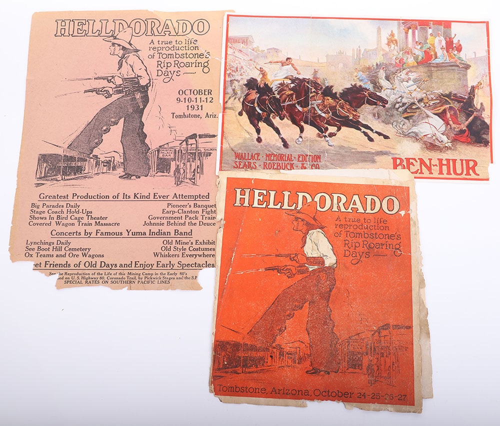 Lot of western ephemera including Wells Fargo letterhead: Lot of western ephemera including Wells Fargo letterhead, Pima County Bank receipt, Nelson and Gans investment guide to mining stocks, 1931 Broadside for Helldorado reenactment at Tombstone Arizona an