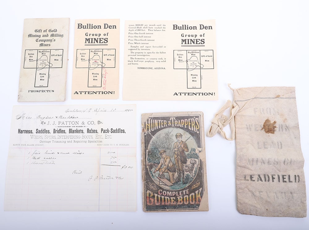 Miscellaneous western ephemera: Miscellaneous western ephemera including hunters and trappers guidebook and early Tombstone bill head.