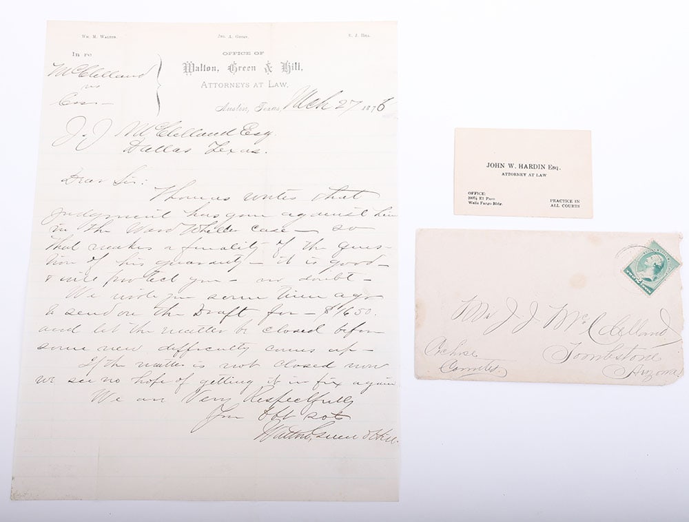 Attorneys letter from 1876 to JJ McClelland: Attorneys letter from 1876 to JJ McClelland along with original business card of John Wesley Harden noted attorney and western gun fighter. Condition very good to excellent.