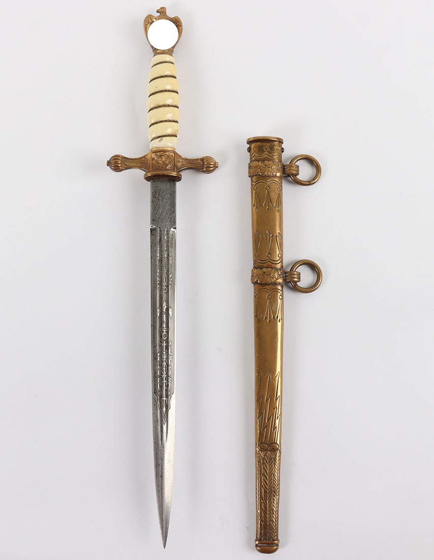 WW2 German Kriegsmarine Officers Dress Dagger by Carl Eickhorn, Solingen: WW2 German Kriegsmarine Officers Dress Dagger by Carl Eickhorn, Solingen, good example of a 2nd pattern naval officers dress dagger with white celluloid grip having the wire binding, gilt brass eagle