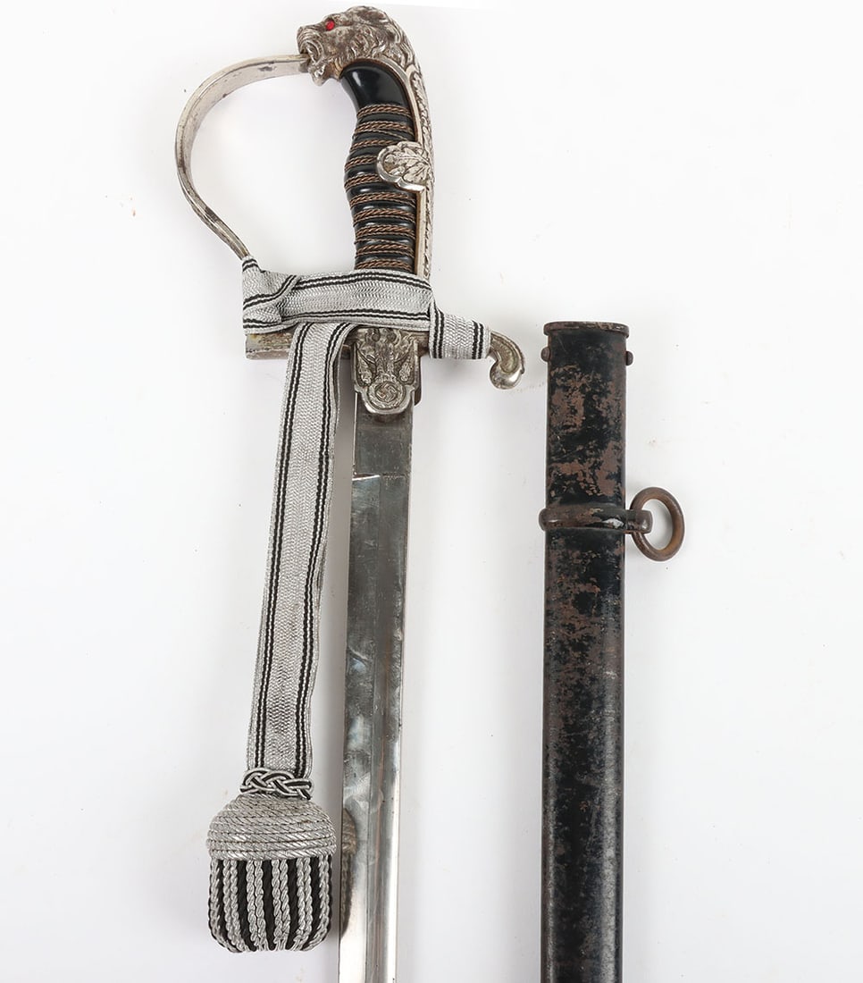Third Reich SS (Schutzstaffel) Lion Head Officers Sword by Alcoso, Solingen: Third Reich SS (Schutzstaffel) Lion Head Officers Sword by Alcoso, Solingen, good lion head pattern officers sword with jewelled ruby eyes, silver plated mounts (possibly originally gilded and worn of