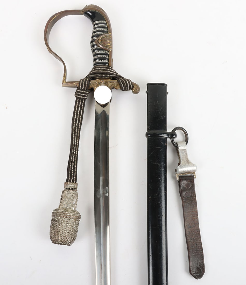 WW2 German Army / Waffen-SS Officers Prinz Eugen Pattern Dress Sword by Carl Eickhorn, Solingen: WW2 German Army / Waffen-SS Officers Prinz Eugen Pattern Dress Sword by Carl Eickhorn, Solingen, good early example with gilt brass mounts, wire to the black celluloid grip, SS style eagle to the cros