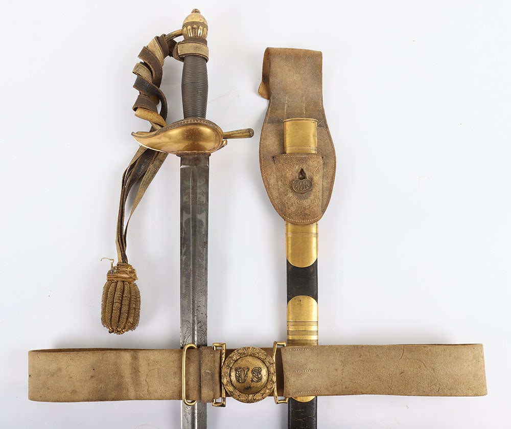 US AMES MODEL 1834 GENERALS & GENERAL STAFF OFFICERS SWORD WITH BELT AND BUCKLE: US AMES MODEL 1834 GENERALS & GENERAL STAFF OFFICERS SWORD WITH BELT AND BUCKLE, only made by Ames, the ricasso is mkd. ?N.P. Ames, Cutler Springfield?, the double engraved blade shows a patriotic eag