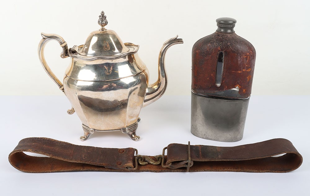 US CIVIL WAR LOT: includes a 9.5 inches tall silver plated tea pot, base is stamped Booth & Hayden etc., probably used in an officers mess, a 9 inches tall drinking flask, is made of heavy glass w/ steal bottom coverin
