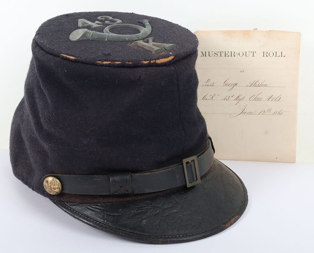 US CIVIL WAR PERIOD UNION INFANTRY FORAGE CAP W/ VERBAL ID & MUSTER ROLL, this belonged to Private: US CIVIL WAR PERIOD UNION INFANTRY FORAGE CAP W/ VERBAL ID & MUSTER ROLL, this belonged to Private George Aleshire of the 43rd Regiment of the Ohio Volunteers 17th Corps who fought in the Siege of Sav