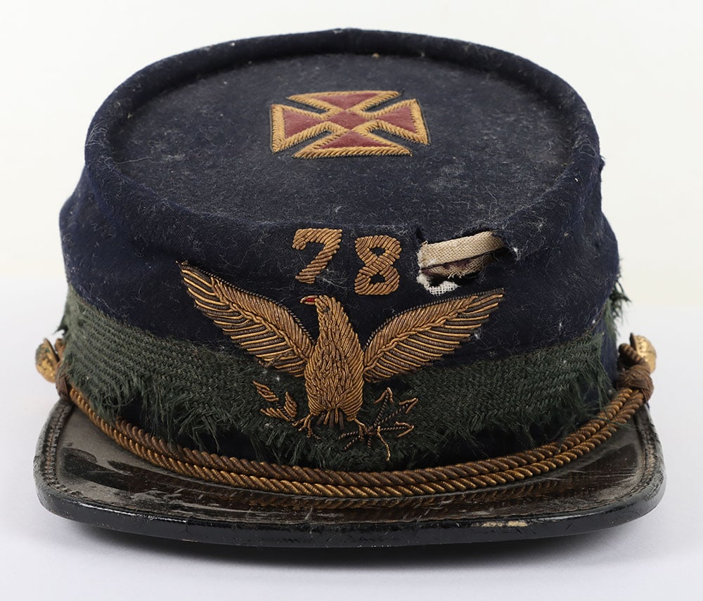 AMERICAN FRATERNAL CAP, CIRCA 1870-1880: AMERICAN FRATERNAL CAP, CIRCA 1870-1880, blue wool w/ black woven band, has gold bullion emblem along w/ a maltese cross on top, eagle side buttons, damaged, POOR,