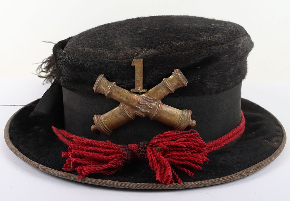 US CIVIL WAR PERIOD UNION PORK PIE ARTILLERY HAT, STYLE USED BY GENERAL PHIL SHERIDAN: US CIVIL WAR PERIOD UNION PORK PIE ARTILLERY HAT, STYLE USED BY GENERAL PHIL SHERIDAN, made of a black seal skin, 4? tall w/ a 2? rim (has gray cloth trim & underside), a black polished cotton lining 