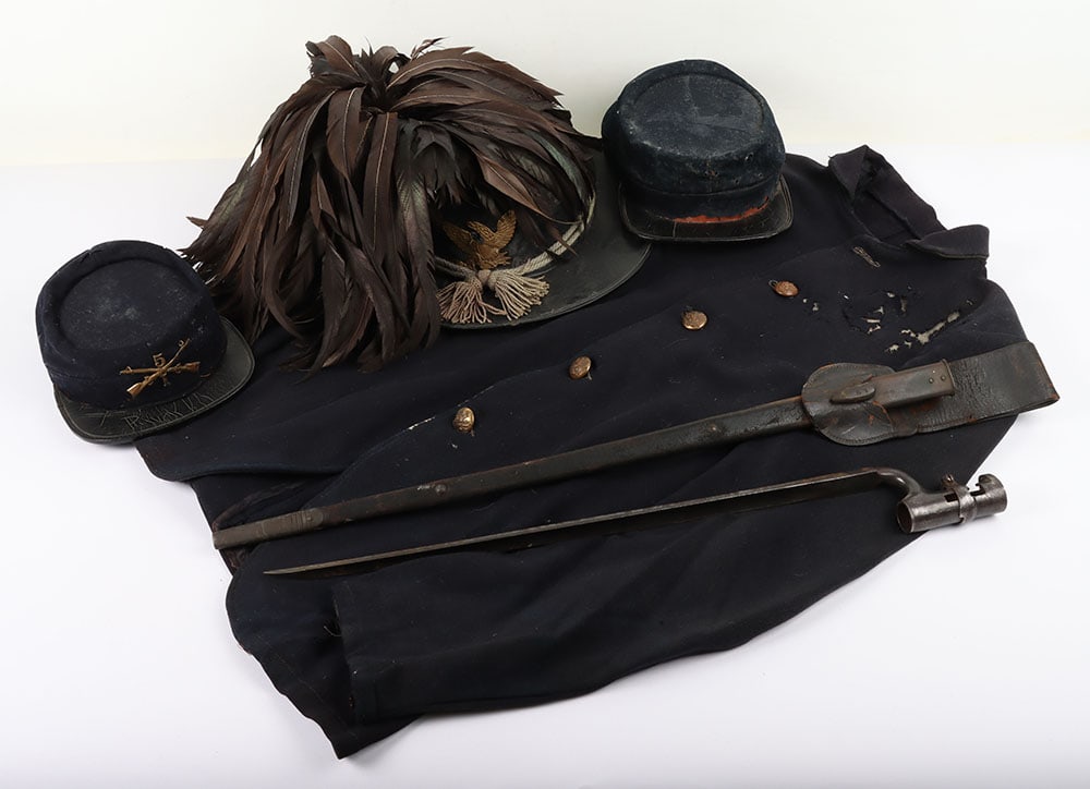 AMERICAN-ITALIAN-BRITISH LOT: AMERICAN-ITALIAN-BRITISH LOT, consist of 2 US 1872 kepis (1 w/ emblem) both are mothed, well worn & incomplete, A British 1876 socket bayonet that appears nice but will not come out of the scabbard, a