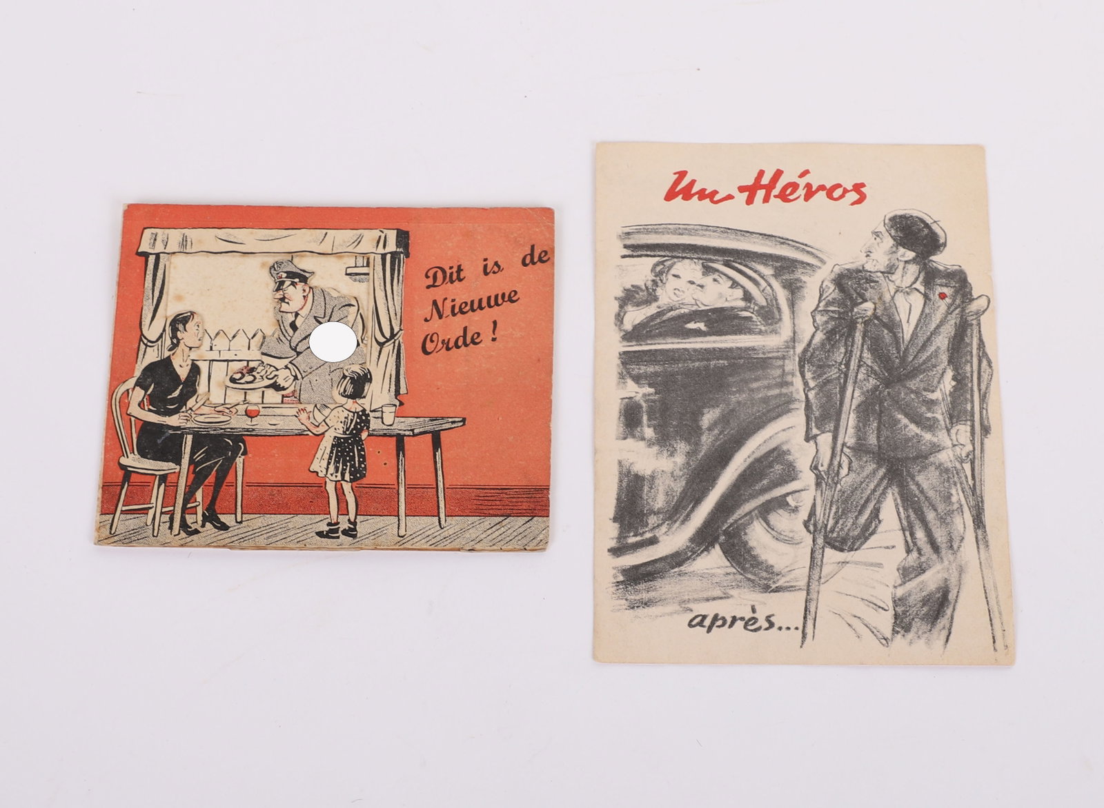 2 WWII BELGIUM ANTI-3RD REICH PAMPHLETS: 2 WWII BELGIUM ANTI-3RD REICH PAMPHLETS, one is a color pop-up that shows Hitler serving an SS-man,VG++