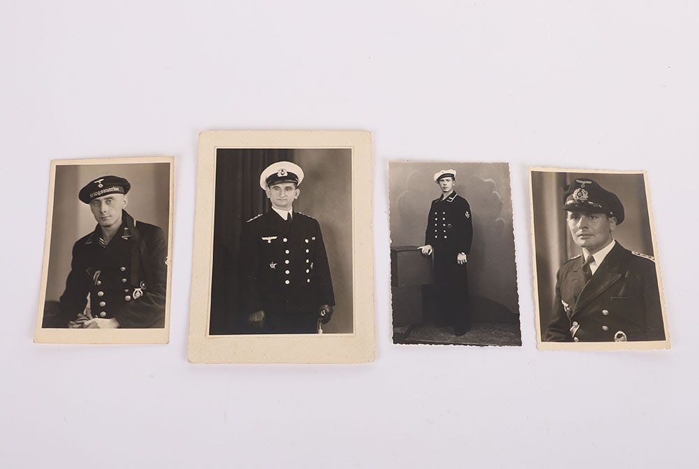 4 KRIEGSMARINE PHOTO POSTCARDS: 4 KRIEGSMARINE PHOTO POSTCARDS, SHOWS ONE OFFICER WEARING A WHITE TOPPED VISOR and a Turkish Gallipoli Star, 1 was taken out of an album, VG+ - EXC.