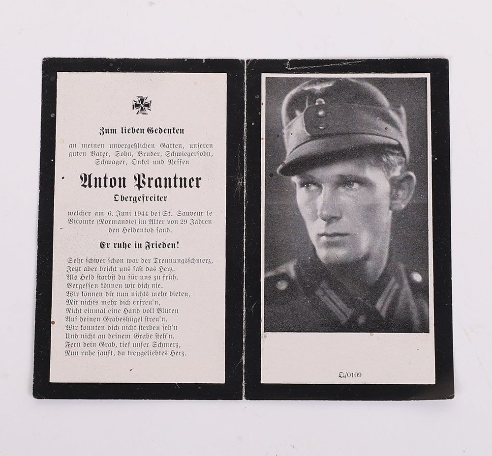 HEER DEATH CARD OF ANTON PRANTER OBERGEFREITER KILLED ON D-DAY 6TH JUNE 1944 IN NORMANDY: HEER DEATH CARD OF ANTON PRANTER OBERGEFREITER KILLED ON D-DAY 6TH JUNE 1944 IN NORMANDY, good uniform photograph on the card, vg+