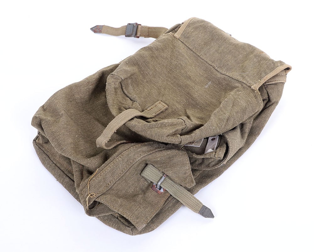 WEHRMACHT SMALL ASSUALT BACK PACK: WEHRMACHT SMALL ASSUALT BACK PACK, olive-drab canvas w/ matching web straps, is RB #?d, complete but no shoulder straps, approx. 8? x 14?, VG++ - EXC.