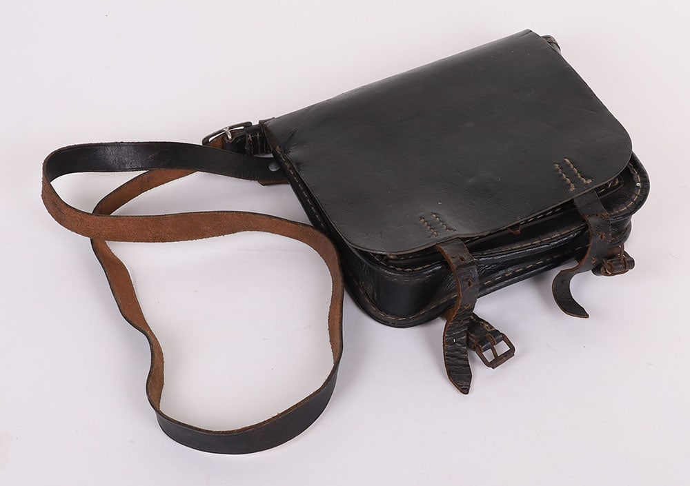 WW2 GERMAN WEHRMACHT PIONEERS BLACK ERSATZ LEATHER TOOL KIT POUCH W/ SHOULDER STRAP: WW2 GERMAN WEHRMACHT PIONEERS BLACK ERSATZ LEATHER TOOL KIT POUCH W/ SHOULDER STRAP, 2? x 8 ?? x 7 ??, has an outer & inside flap, mkd. ?bdr 44?, overall exc.
