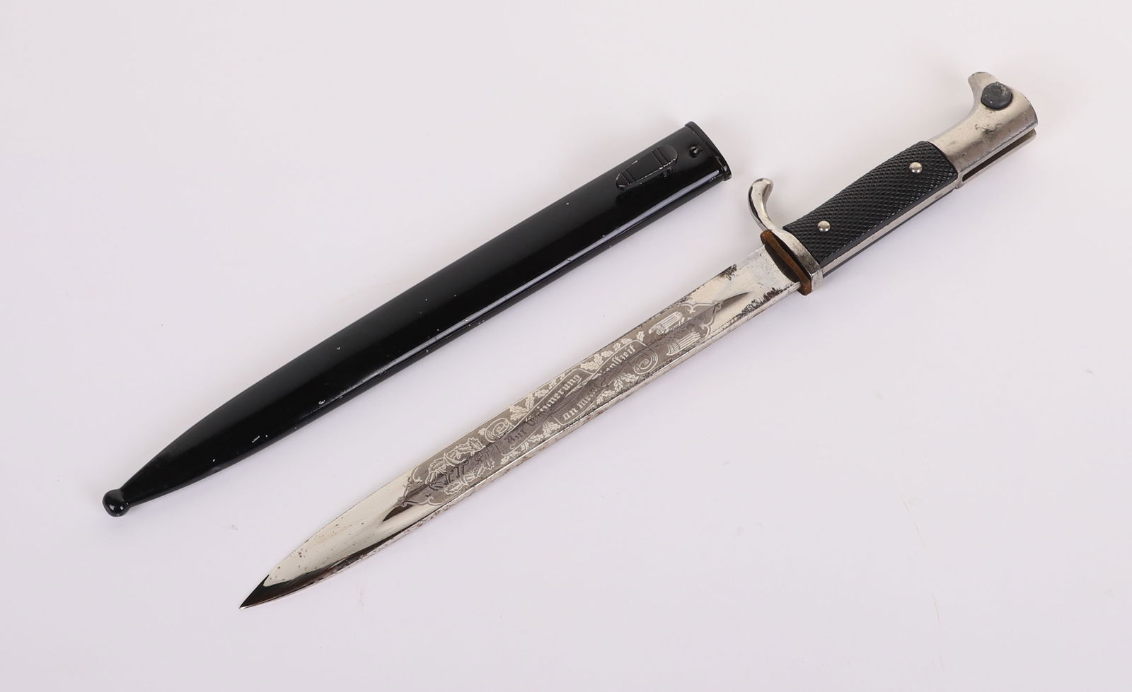 THIRD REICH K98 DRESS BAYONET WITH ETCHED BLADE FOR THE LUFTWAFFE: THIRD REICH K98 DRESS BAYONET WITH ETCHED BLADE FOR THE LUFTWAFFE, long single side engraved K98 dress bayonet by Eickhorn, with early oval trademark. Luftwaffe engraving with early double swallow gul