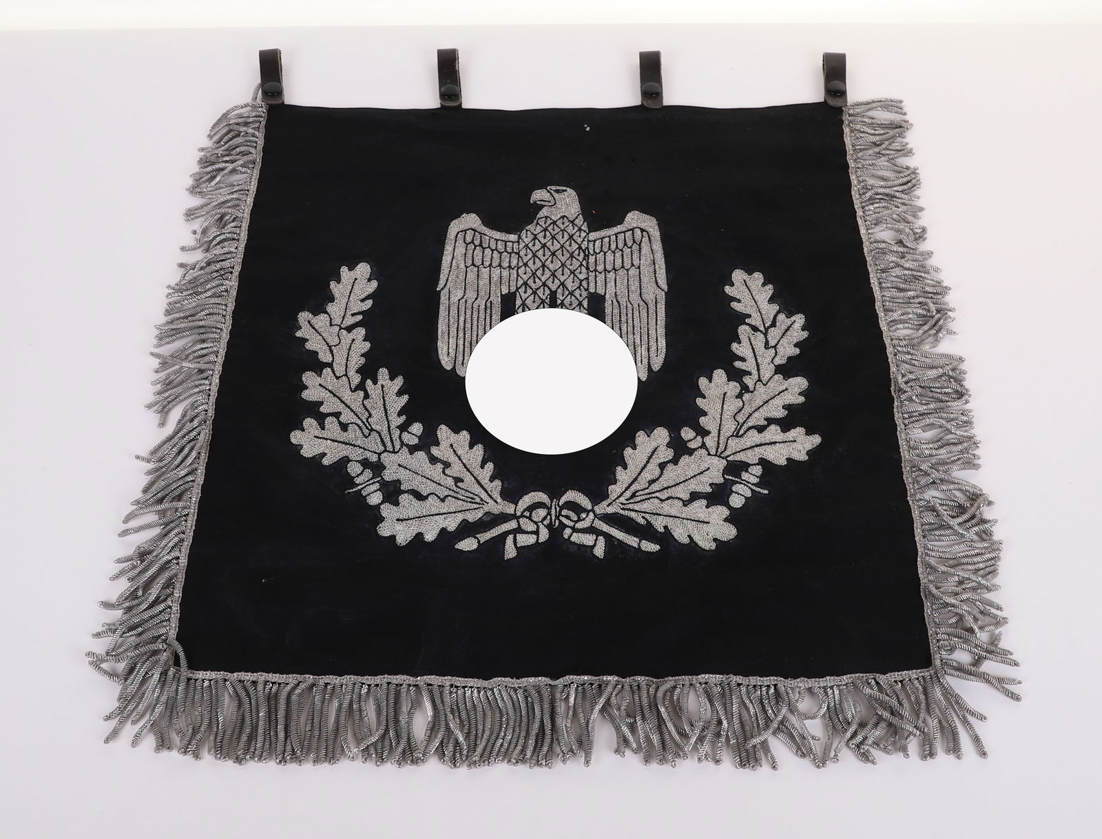 WW2 GERMAN PIONEER BATTALION NR 9 TRUMPET BANNER: WW2 GERMAN PIONEER BATTALION NR 9 TRUMPET BANNER, fine black cloth body with heavy bullion barrel fringe, central section with Wehrmacht eagle in flat wire weave, with some oxidisation to the bullion