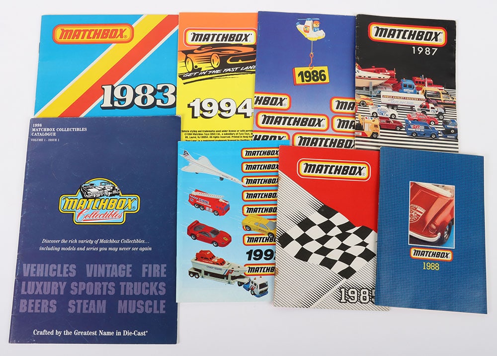 8 Matchbox Collectors Catalogues from 1983 to 1998: 8 Matchbox Collectors Catalogues from 1983 to 1998: Selection of Matchbox Collectors Catalogues as follows: 1983, 1985, 1986, 1987, 1988, 1992, 1994 and 1998, 1994 is Yellow ‘Get in the fast lan
