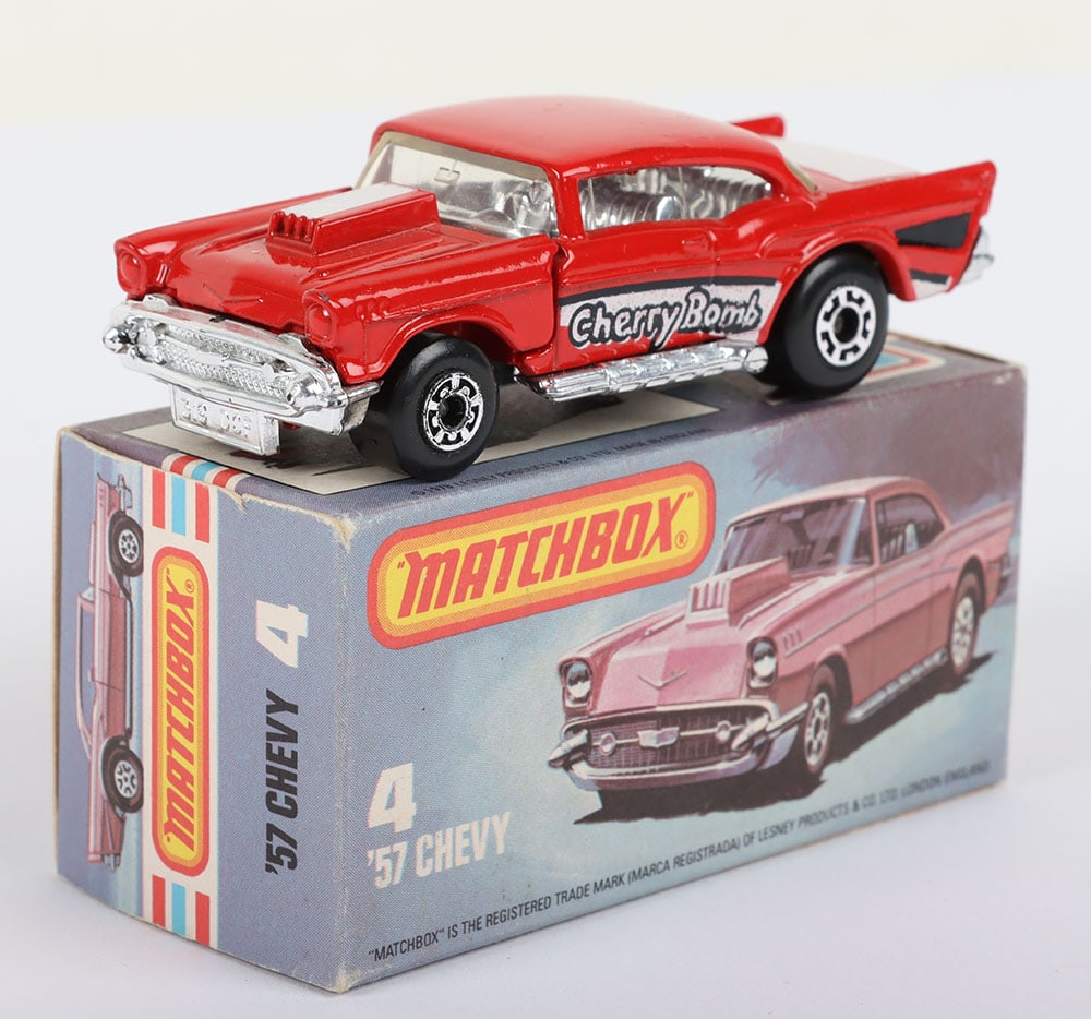 Matchbox Lesney Boxed Model MB-4 ’57 Chevy with RED body, WHITE Hood & Trunk prints (1 of 6)