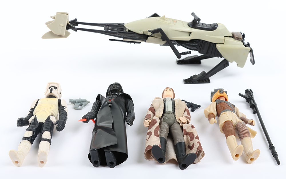 Four Loose Vintage Star Wars Figures: Four Loose Vintage Star Wars Figures, Darth Vader with cape & Lightsaber @G.M.F.G.I 1977 no coo, Biker Scout with Scout trooper blaster Pistol @ LFL 83 made in Hong Kong, Princess Leia Boushh disguise