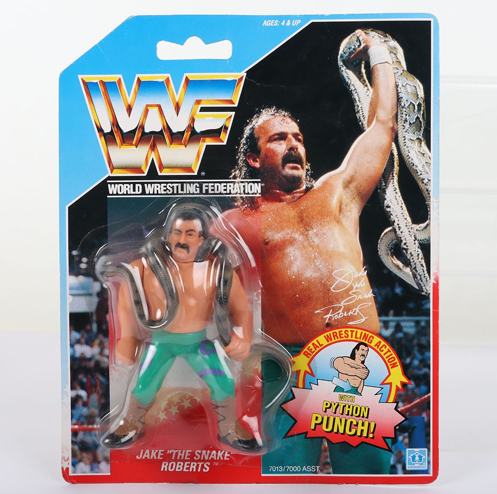 Jake The Snake Roberts series 1 WWF Wrestling figure by Hasbro: Jake The Snake Roberts series 1 WWF Wrestling figure by Hasbro. Fully carded sealed, undented bubble. Fully carded sealed, undented bubble, slight veining, edge wear to card.