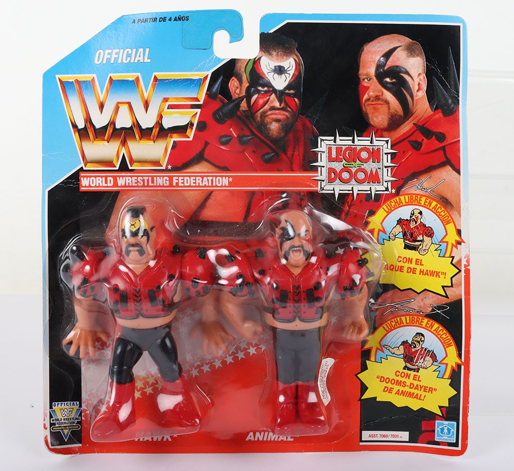Legion Of Doom Hawk & Animal Tag Team set, WWF Wrestling Figures by Hasbro on Spanish card: Legion Of Doom Hawk & Animal Tag Team set, WWF Wrestling Figures by Hasbro on Spanish card. Fully sealed, dent to top of bubble, some age wear to card.