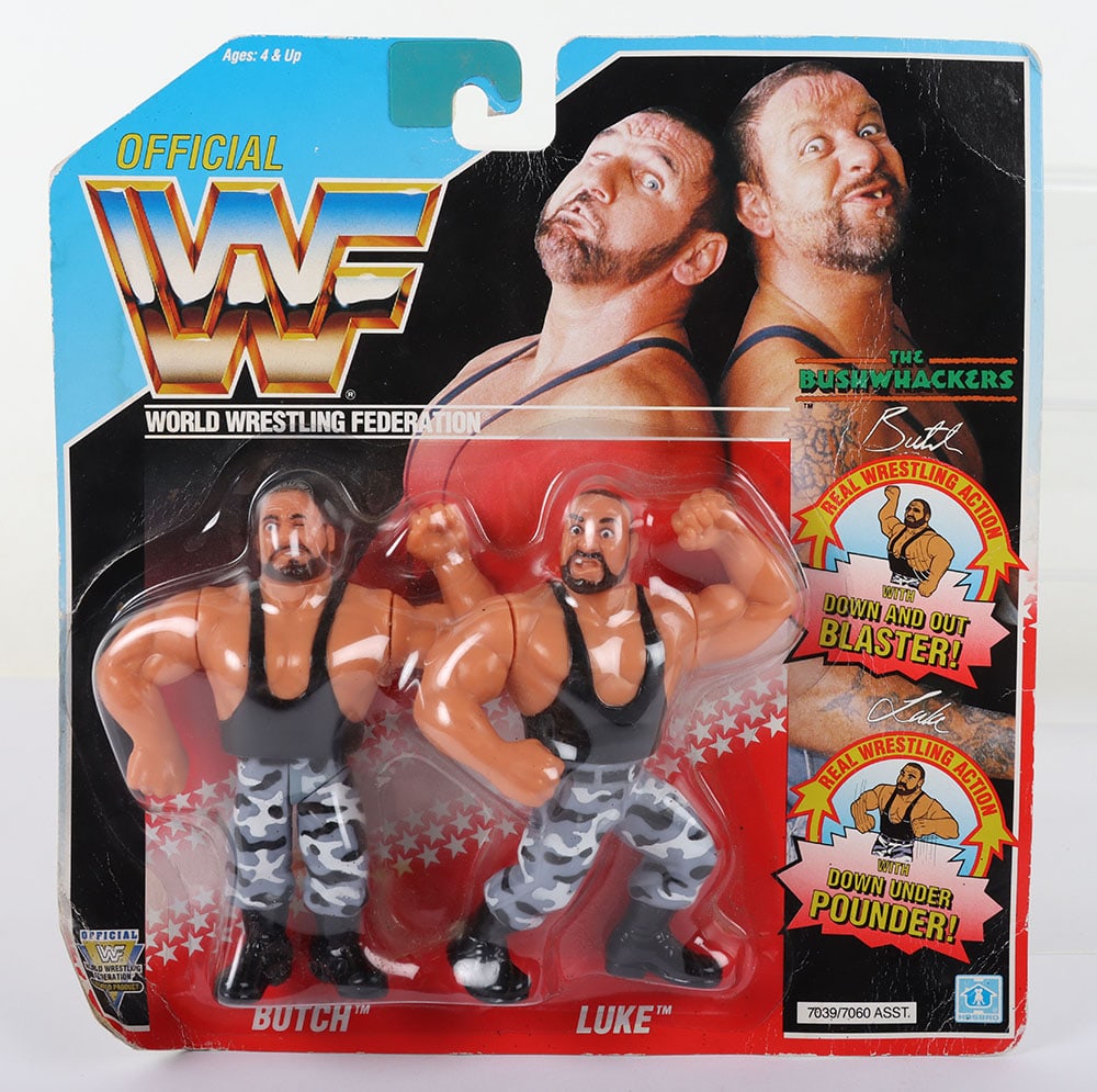The Bushwackers Butch & Luke Tag Team set, WWF Wrestling Figures by Hasbro.: The Bushwackers Butch & Luke Tag Team set, WWF Wrestling Figures by Hasbro. Fully sealed, undented bubble, some veining and age wear to card.