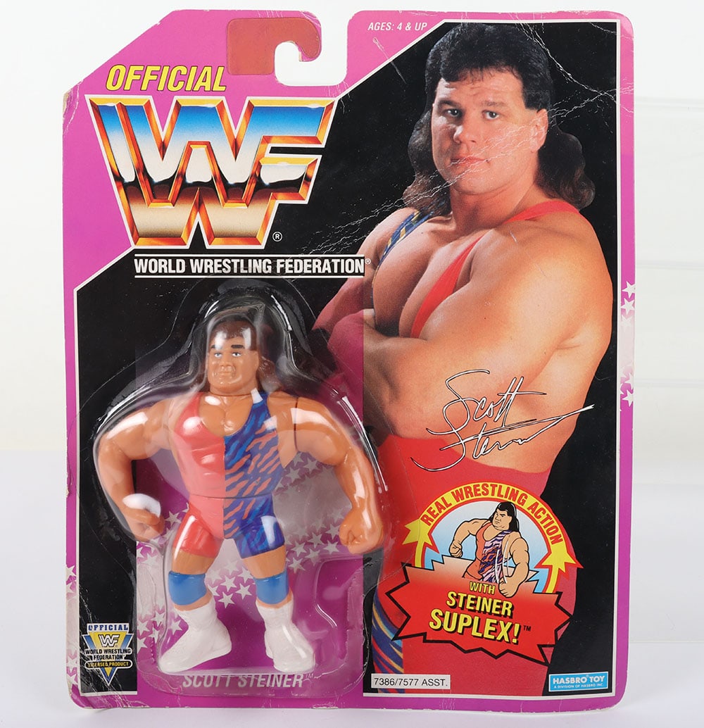 Scott Steiner series 9 WWF Wrestling figure by Hasbro.: Scott Steiner series 9 WWF Wrestling figure by Hasbro. Fully sealed, bubble dent to top, card has veining and wear.
