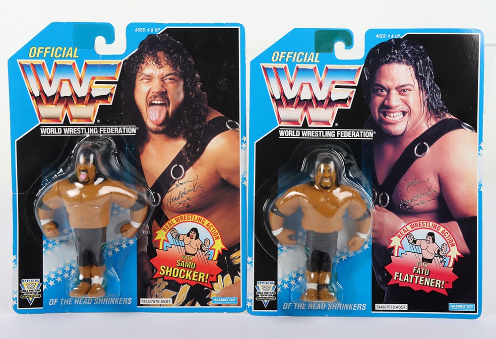 Fatu & Samu of the headshrinker series 10, WWF Wrestling figures by Hasbro: Fatu & Samu of the headshrinker series 10, WWF Wrestling figures by Hasbro. Both fully sealed, undented bubbles. (2 items)