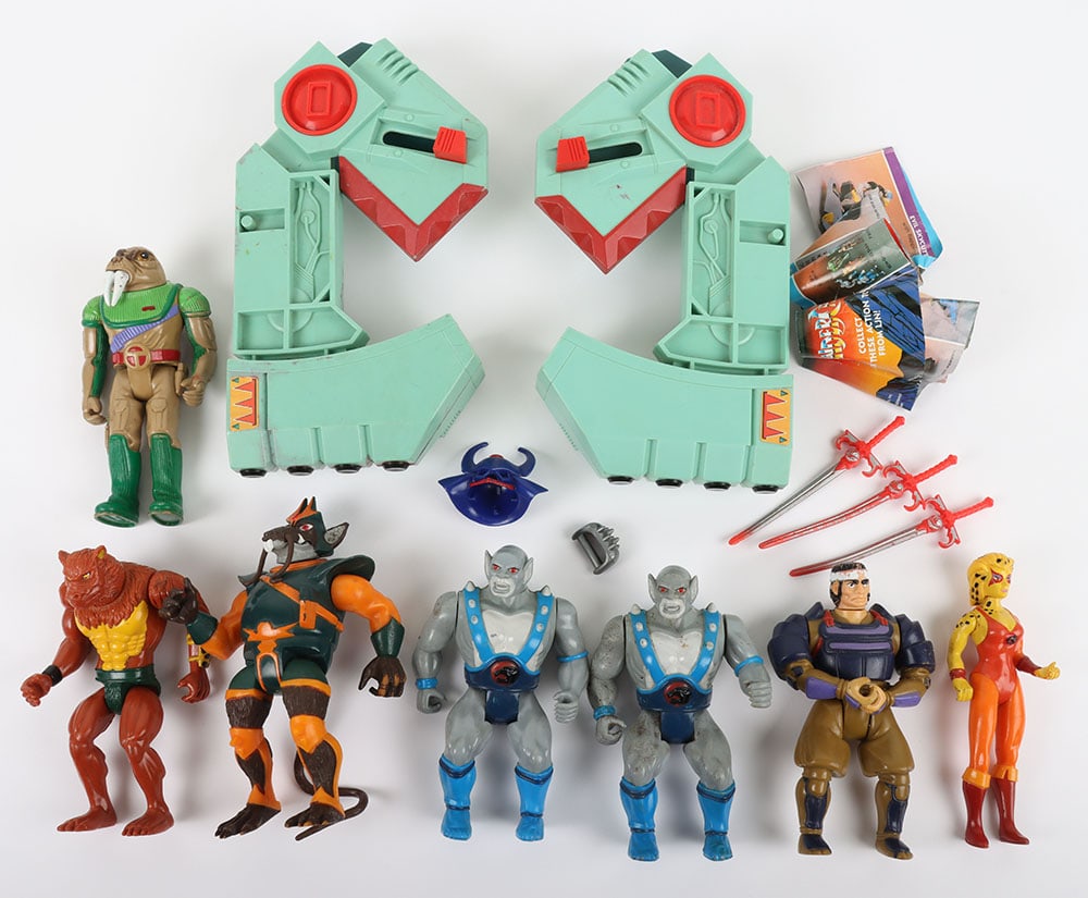 Vintage Thundercats action figures, weapons, accessories, vehicle parts, catalogue, 1985 Rainbow LJN: Vintage Thundercats action figures, weapons, accessories, vehicle parts, catalogue, 1985 Rainbow LJN Toys, Including Panthro, Rataro, Cheetara, Hatchiman. All working, Play wear. (A lot)
