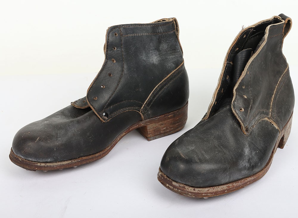 Pair of 1944 Dated British Army Boots: Pair of 1944 Dated British Army Boots, black leather short ankle style boots with hobnail soles. Dated 1944 to the inside. Sole to heel measures 29cms.