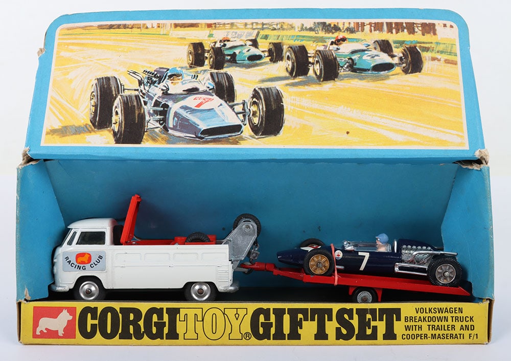 Corgi Toys Gift Set 6 Volkswagen Breakdown Truck with trailer and Cooper Maserati Racing Car: Corgi Toys Gift Set 6 Volkswagen Breakdown Truck with trailer and Cooper Maserati Racing Car, 490 VW, white body, yellow interior, spun wheel hubs ‘Racing Club’ labels, in near mint condition, red
