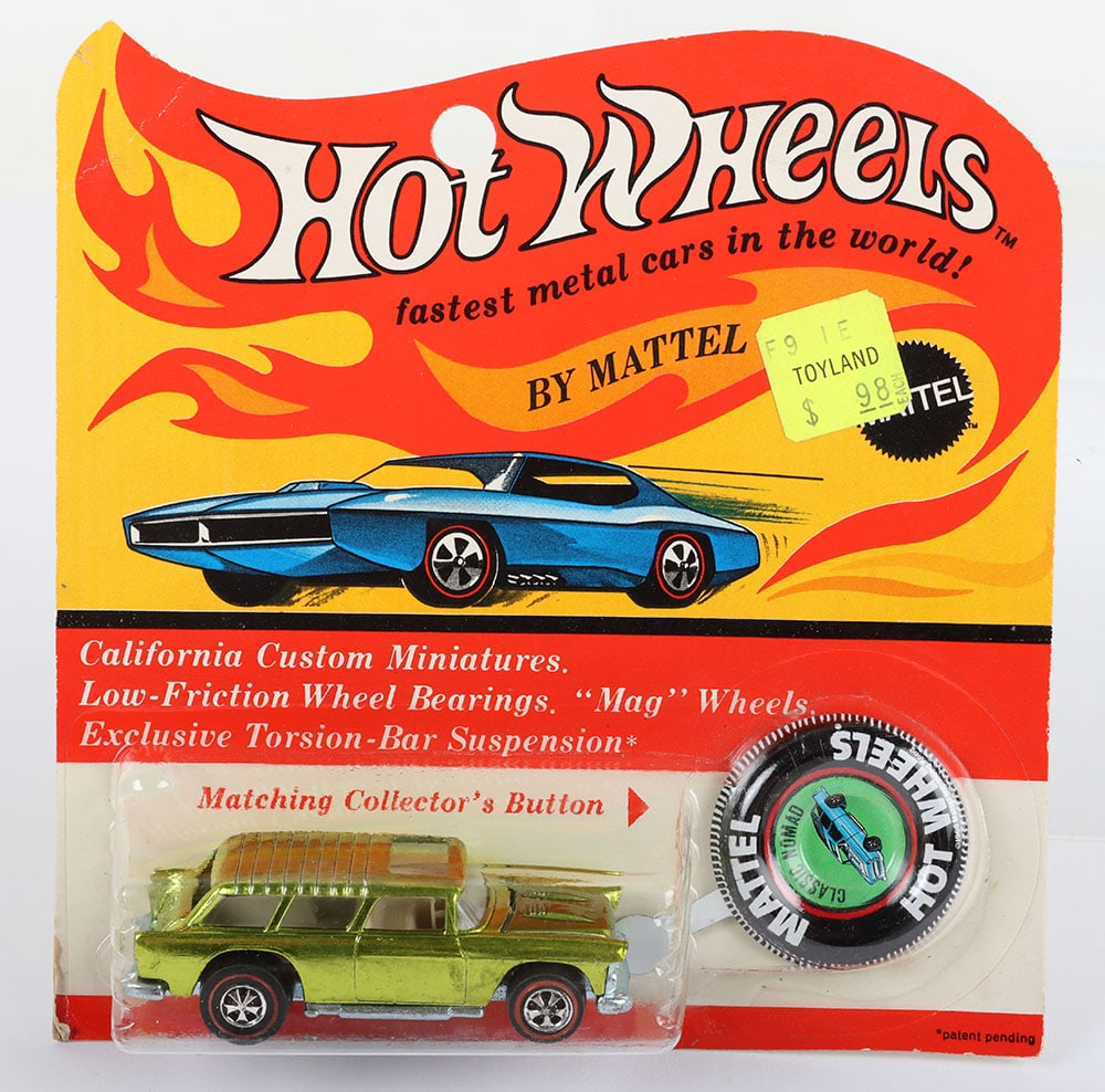 Hot Wheels Redline By Mattel 6404 Classic Nomad: Hot Wheels Redline By Mattel 6404 Classic Nomad, made & printed in the USA, spectraflame lime, window clear, white interior, metal collector’s button, in mint original condition, on an excellent pun