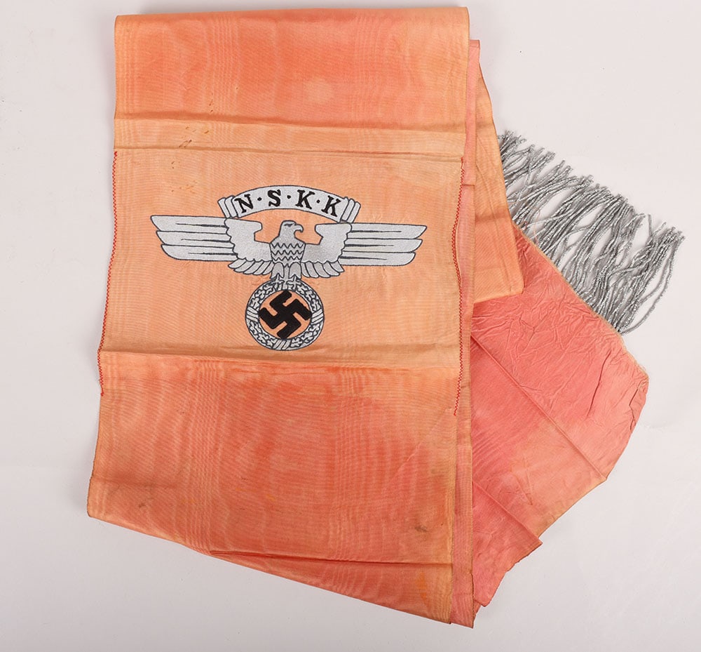 Scarce Third Reich NSKK funeral sash: Scarce Third Reich NSKK funeral sash. Silk sash with embroidered NSKK eagle. Length 190cm. Very good condition with embroidered frills. Very decorative piece. (single length)