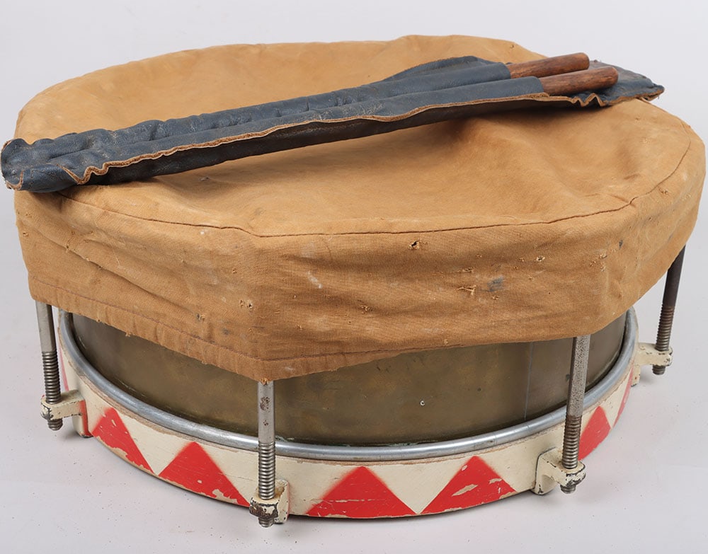 German Hitler Youth music drum set: German Hitler Youth music drum set. 38cm diameter variant. Complete with drum sticks, drum sticks, leather holder (marked with small copper plate “HJ Musikzug 1/28, Gebiet 12 Westmark Koblenz