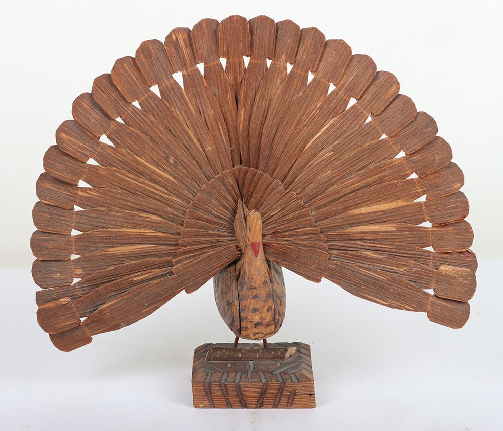 WW2 German POW Art Peacock: WW2 German POW Art Peacock: Hand carved wooden peacock made by German POW in Essex during the war, 26 cm wing span . a good example of this type of POW art.