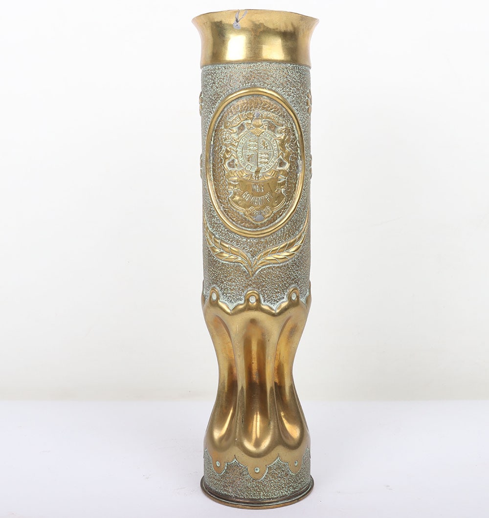 WW1 Coventry Trench Art Shell Case: WW1 Coventry Trench Art Shell Case: A fine example with coat of arms THE COVENTRY ENGLAND to front, standing 34 cms high. THIS LOT CAN NOT BE SENT OUTSIDE OF THE UK