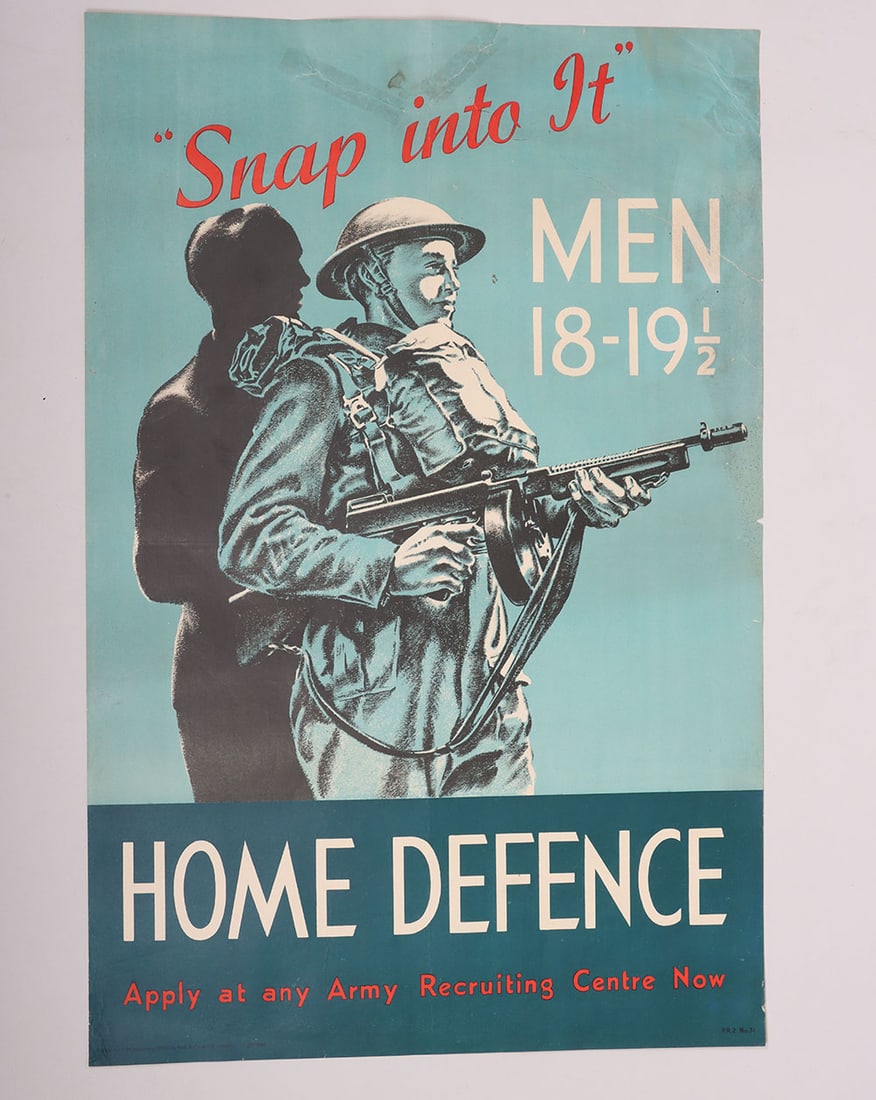 Scarce WW2 Home Defence Recruiting Poster: Scarce WW2 Home Defence Recruiting Poster, produced for the HM Stationary Office, poster No31, image of silhouette of British man with a British soldier holding Thompson machine gun and slogan, ‘Sna