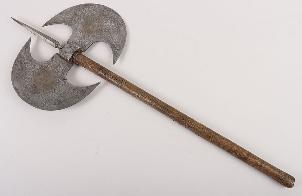 Sudanese Mahdist Period Double Headed Axe: Sudanese Mahdist Period Double Headed Axe , crescent-shaped heads 19cms etched with birds inhabiting foliage in Persian style, each brass damascened with scrolls within shaped cartouches, iron haft co