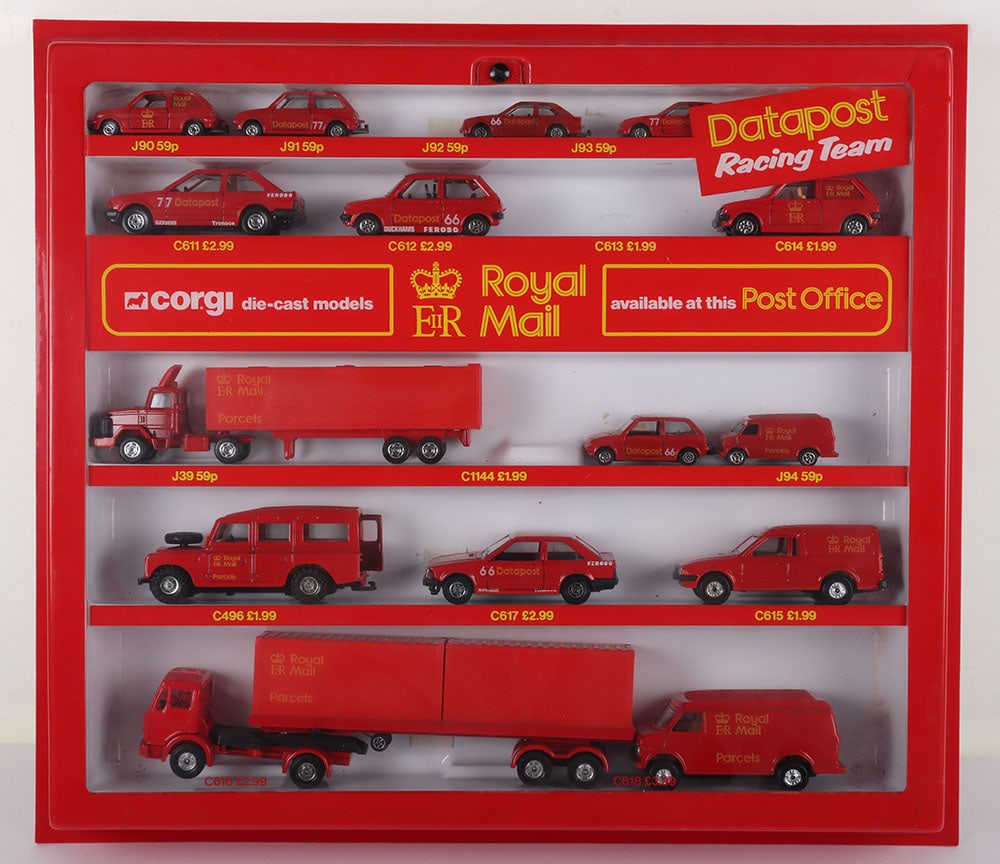 Corgi Royal Mail Post Office Point of Sale display cabinet: Corgi Royal Mail Post Office Point of Sale display cabinet, circa 1980’s for Corgi die cast models, cabinet vacuum plastic construction, with fifteen models, all in very good to excellent origin