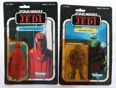 Two Vintage Kenner Star Wars Japanese Tsukuda Issue Return of The Jedi Action Figures,: Two Vintage Kenner Star Wars Japanese Tsukuda Issue Return of The Jedi Action Figures, Emperor’s Royal Guard Vintage Original Carded Figure, 3 ¾ inches near mint, @L.F.L 1983 Made In Taiwan