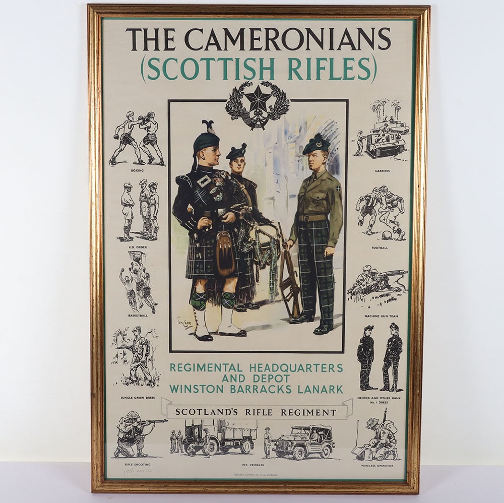 The Cameronians Scottish Rifles Poster: The Cameronians Scottish Rifles Poster: Vintage 1956 issue framed picture poster by Tom Curr showing soldiers in all aspects in the Scotland’s Rifle Regiment , with McLAWGAN & CUMMING LTD EDINBU
