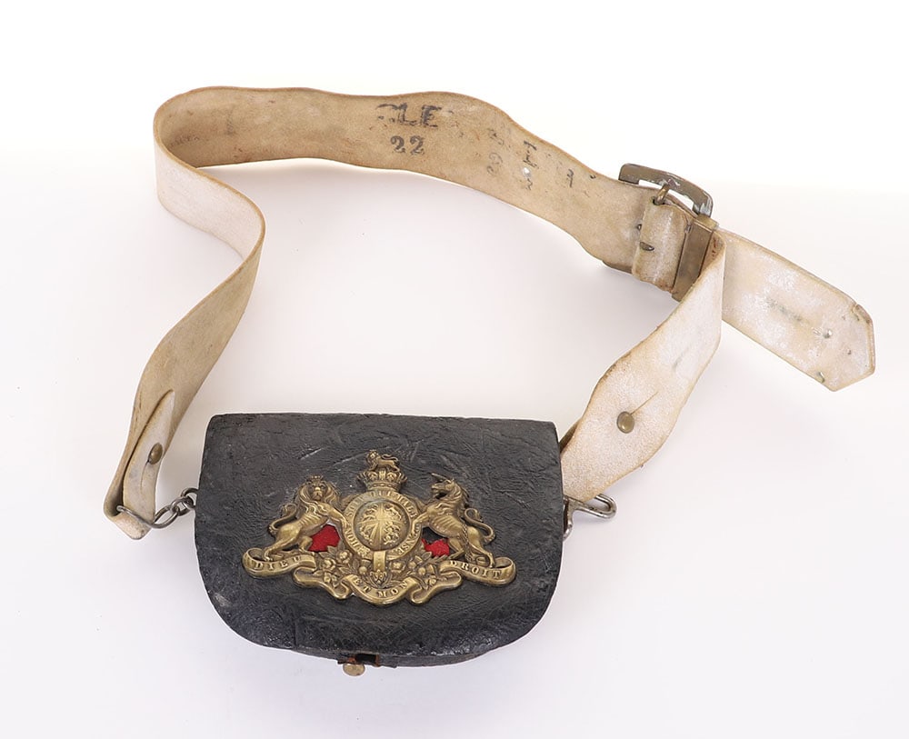 Victorian Household Cavalry Pouch: Victorian Household Cavalry Pouch, patent black leather with brass badge to centre. With white leather cross belt & brass buckles.