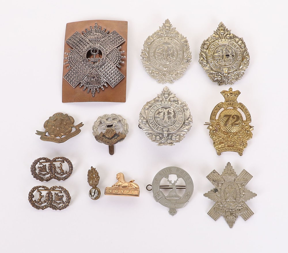 Grouping of Mostly Scottish Military Badges: Grouping of Mostly Scottish Military Badges, including other ranks Argyll & Sutherland Highlanders glengarry badges, bronze A&SH collar badges, 72nd Highlanders glengarry badge (copy), unfinished Gord
