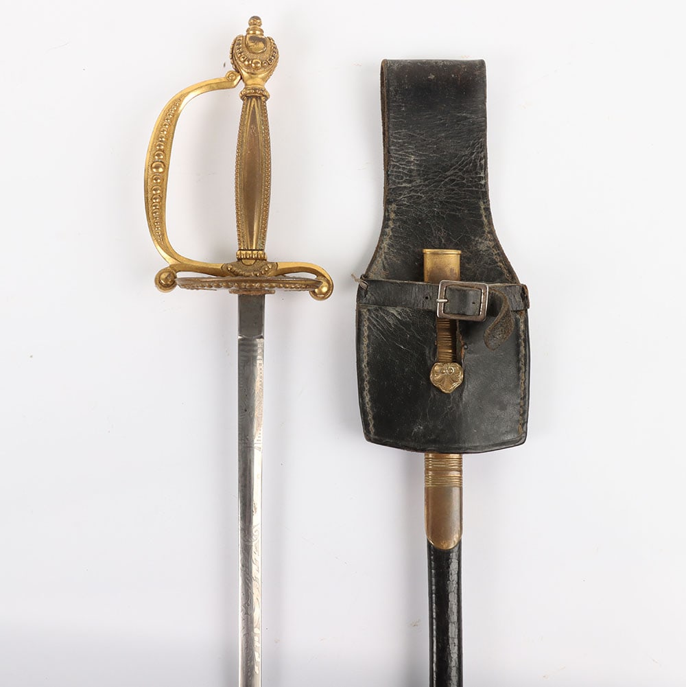 English Court Sword Circa 1840 to 1860: English Court Sword Circa 1840 to 1860, a nice Victorian example, has an elaborate brass hilt & clamshell guard, the double engraved blade (near mint) has floral designs, the Queens crown & royal cyph