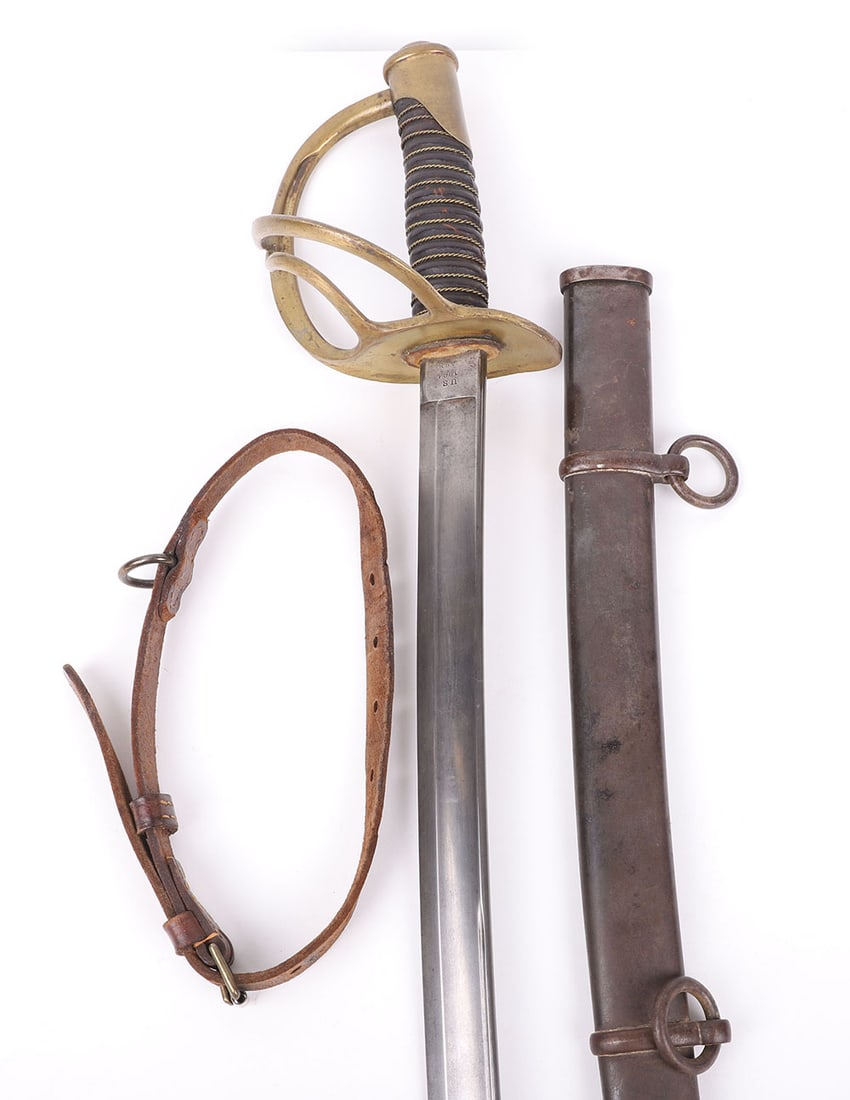 U.S. Model 1860 Cavalry Sword: U.S. Model 1860 Cavalry Sword, ricasso is mkd. ?c. roby chelmsford, mass 1864? with inspector stamp ?a.g.m.?, brass guard has nice patina, has a beautiful leather grip, fine blade and scabbard, comes 