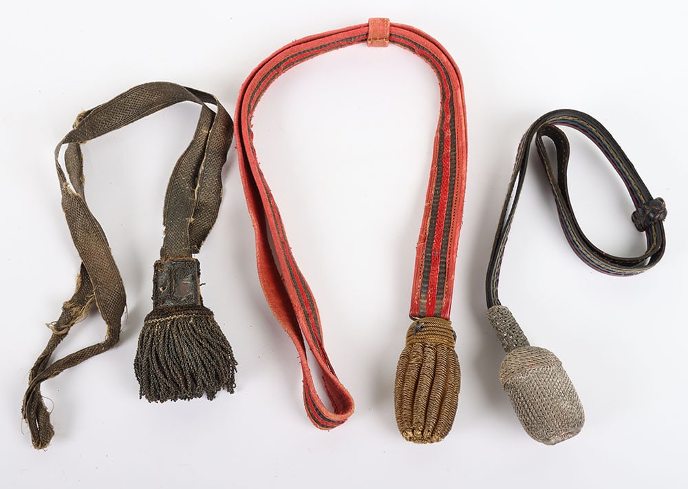European Officers Sword Knots: European Officers Sword Knots, 3, Circa 1900, made of gold & silver bullion, 1 is badly damaged,